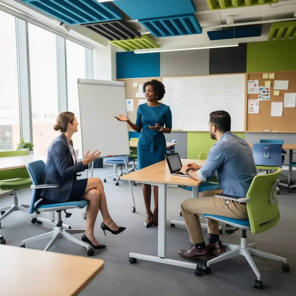 Zielona strefa relaksu w biurze z roślinami poprawiającymi samopoczucie.