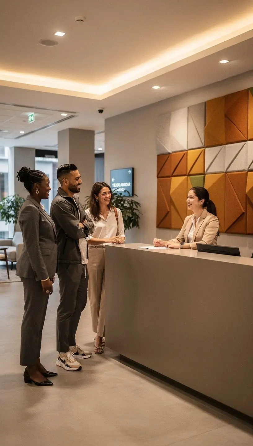 Przykład układu biura z dedykowanymi miejscami do spotkań zespołowych.