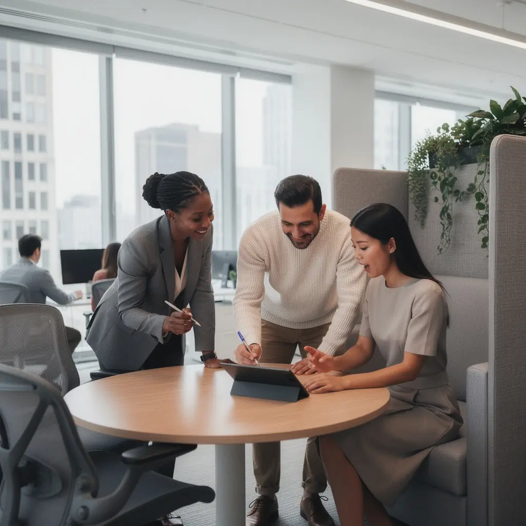 Biuro z otwartą przestrzenią, w której zastosowano różne strefy pracy dla zwiększenia efektywności zespołu.