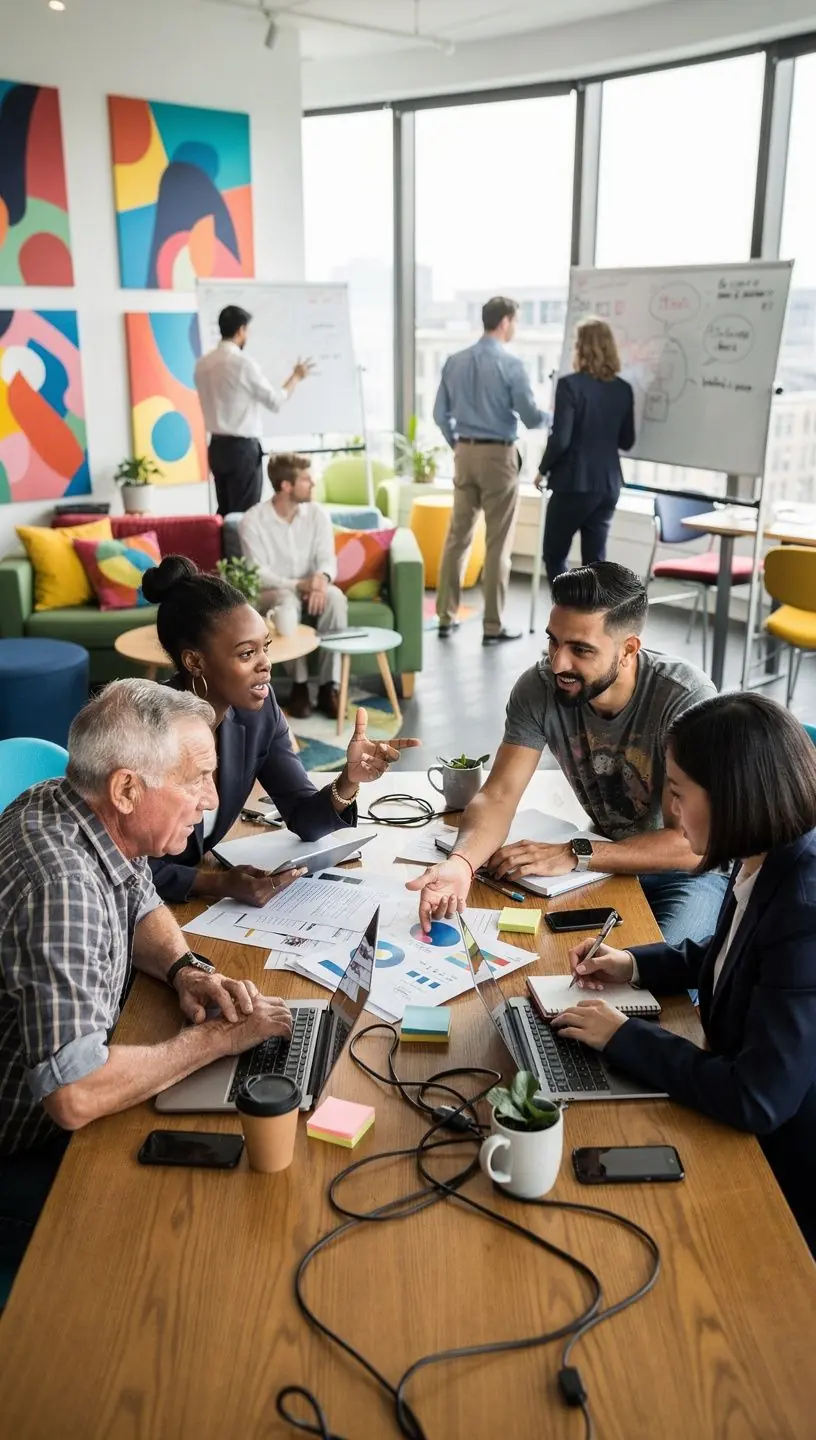 Nowoczesne biuro z ergonomicznymi meblami i strefami pracy.